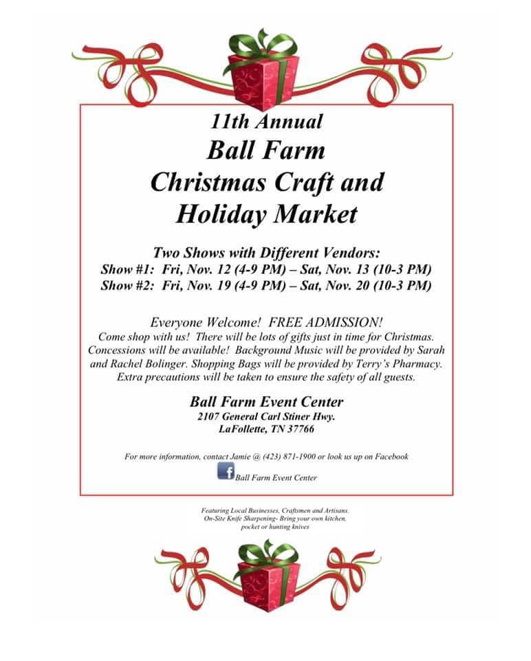event graphic for christmas craft and holiday market at ball farm event center in campbell county tn