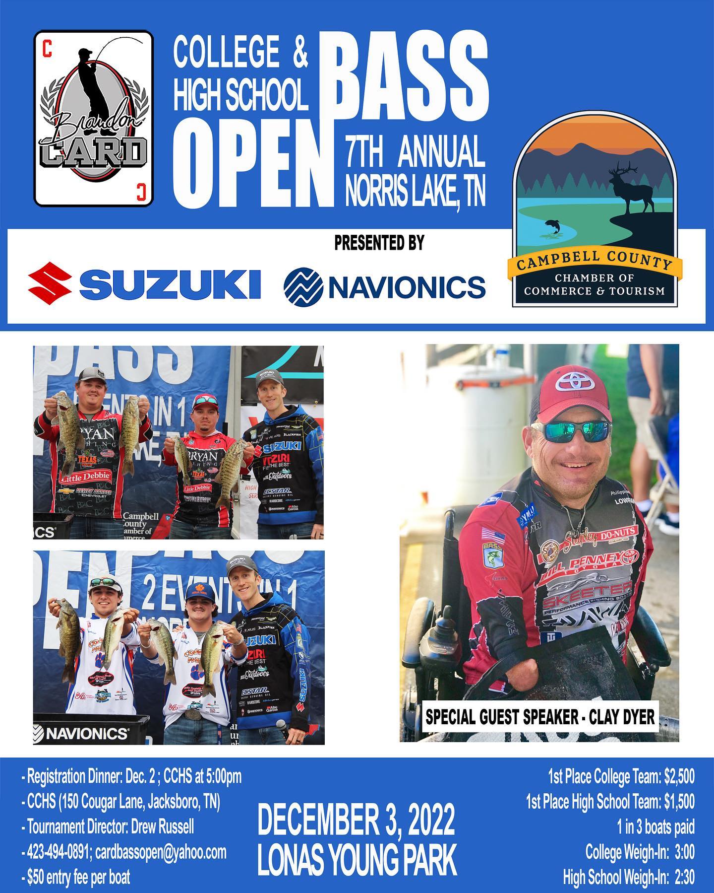 informational graphic for brandon card college and high school bass open on norris lake